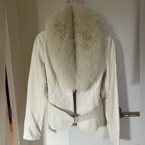 CACHE ivory leather jacket with fur collar